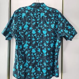 Boho Resortwear Men's Short-Sleeve Black & Teal Printed Button-Up Shirt